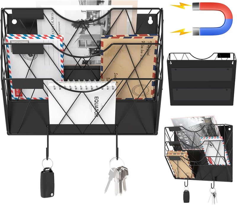 Patvingot Magnetic File Holder for Refrigerator & Cabinets | No-Drill Wall Mount Organizer | 3-Tier Vertical Mail & Magazine Holder for Office/Home (Black, Space-Saving Design) - Image 1